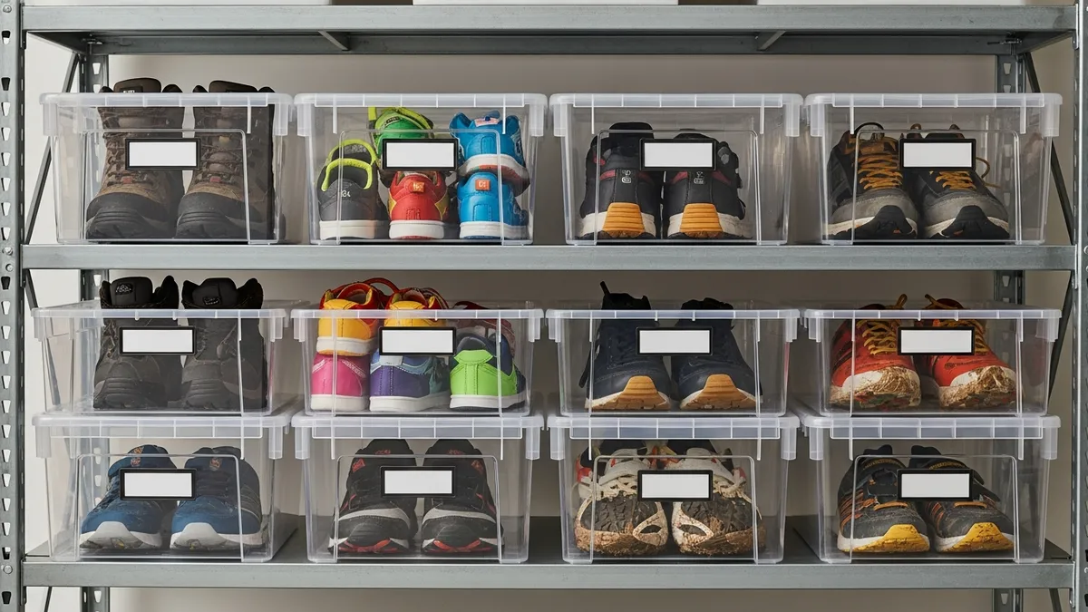 Labeled clear plastic bins on garage shelving for organized shoe storage by category