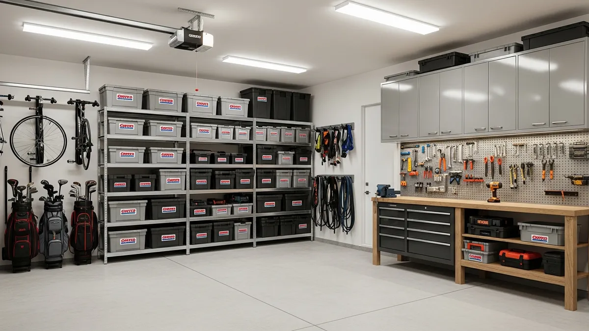 Organized garage with Costco storage solutions including metal shelving and storage bins