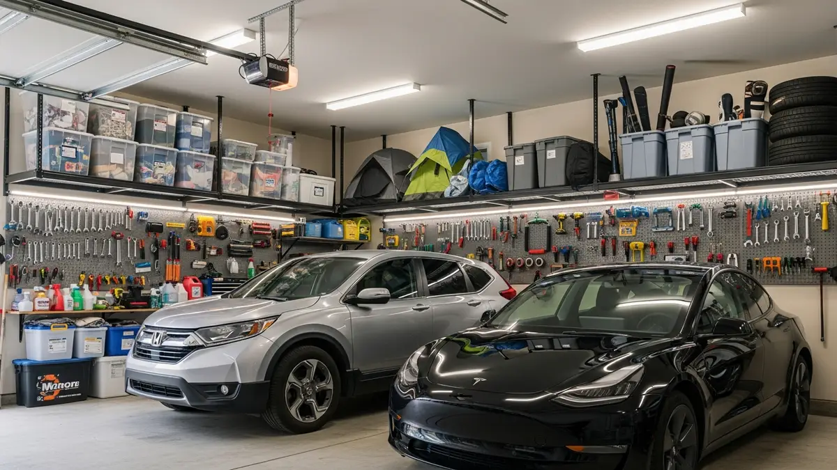 Costco overhead garage storage racks maximizing ceiling space utilization