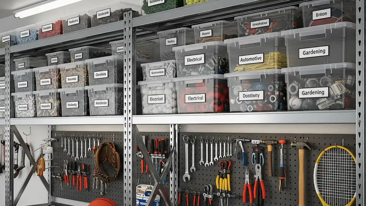 Heavy-duty metal garage shelving units with labeled clear storage bins and pegboard tool organization