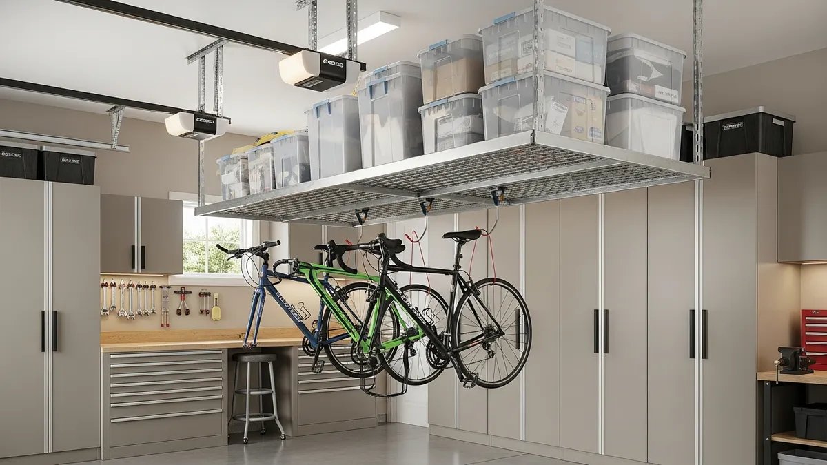 Overhead ceiling garage storage rack with pulley system for bikes and large plastic storage totes