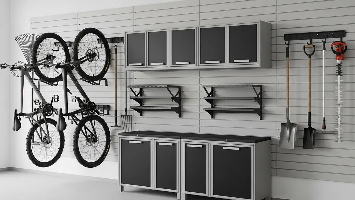 Garage wall organization system with slatwall panels, bike hooks, garden tool storage, and modular cabinets