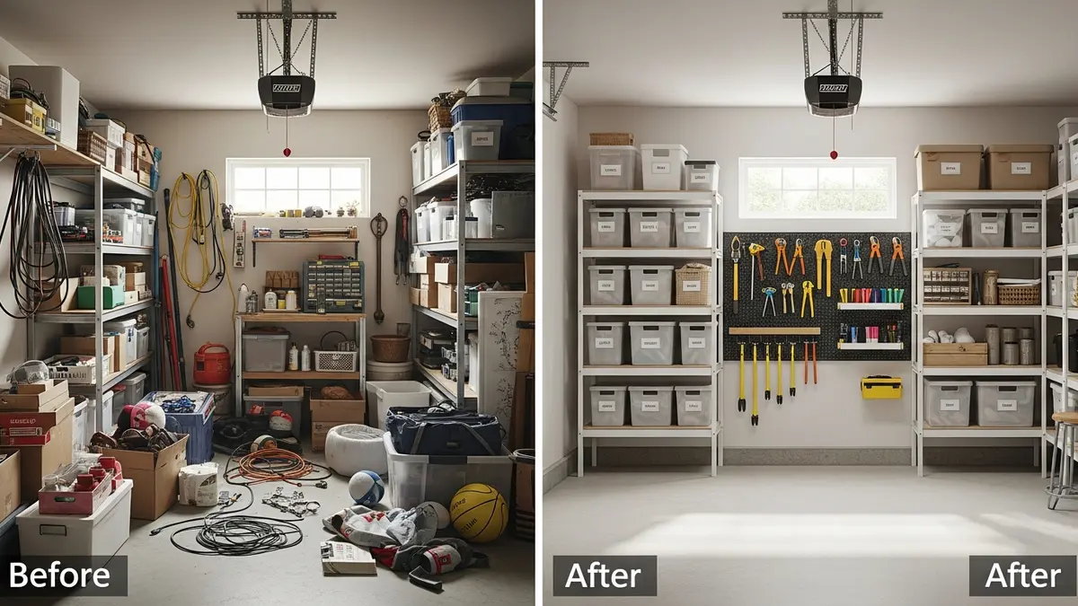 Before and after garage organization transformation showing the impact of proper garage storage solutions