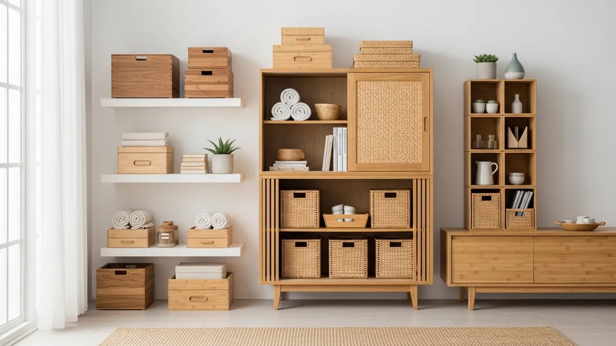 Various minimalist storage solutions neatly organized in a modern Indonesian home