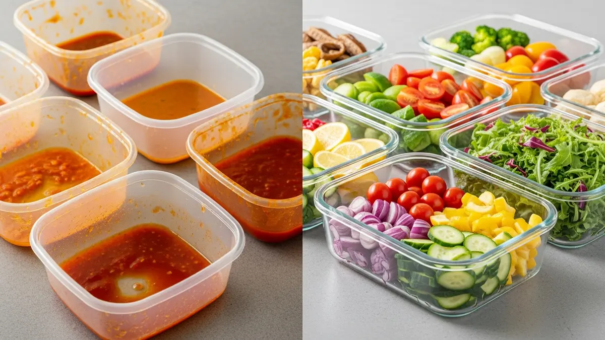 Comparison between plastic and glass containers for food storage showing benefits