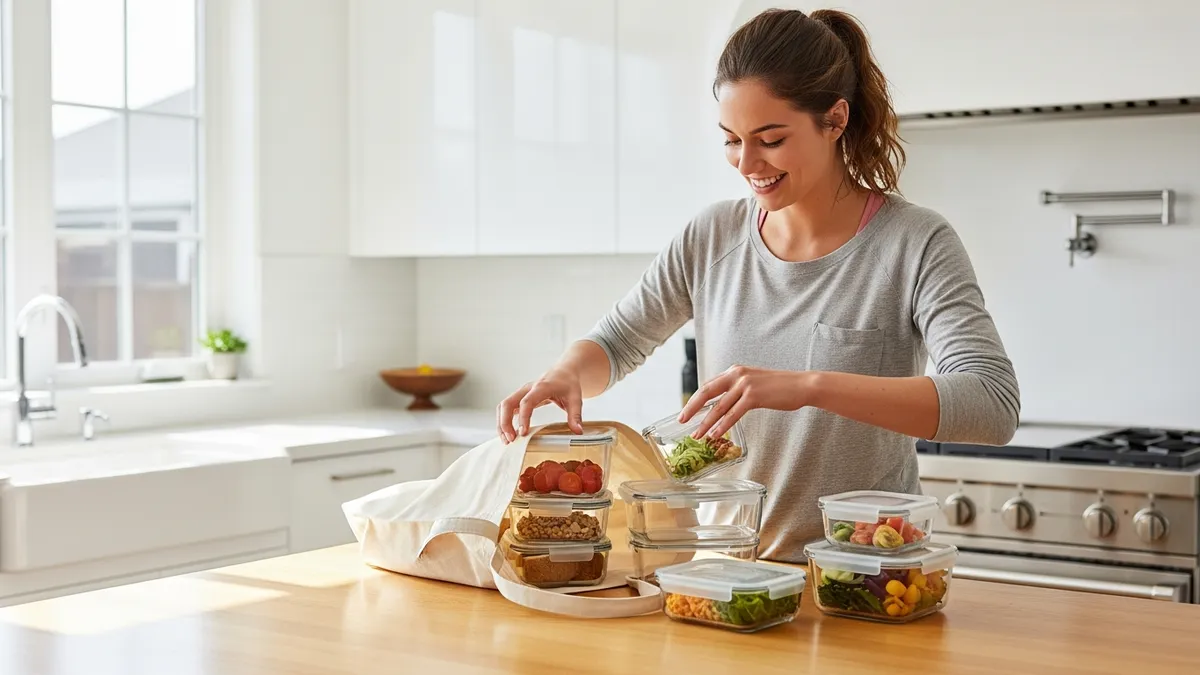Woman in modern kitchen using glass food storage containers for eco-friendly meal prep and zero-waste lifestyle