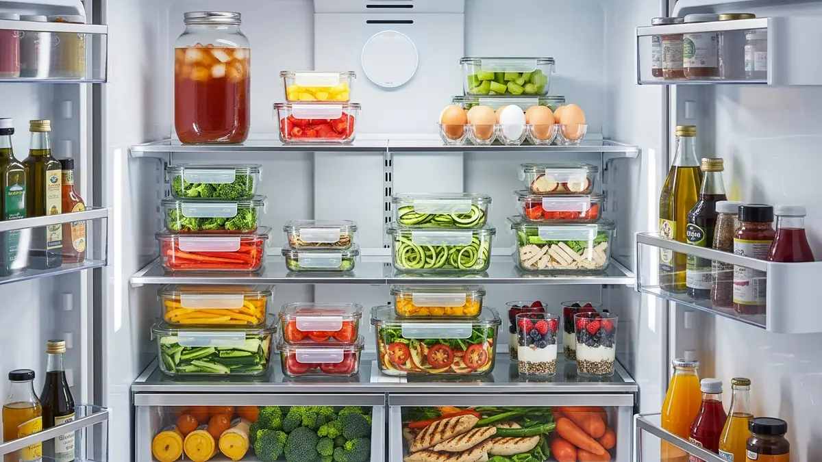 Organized refrigerator with matching glass food storage containers stacked neatly on shelves
