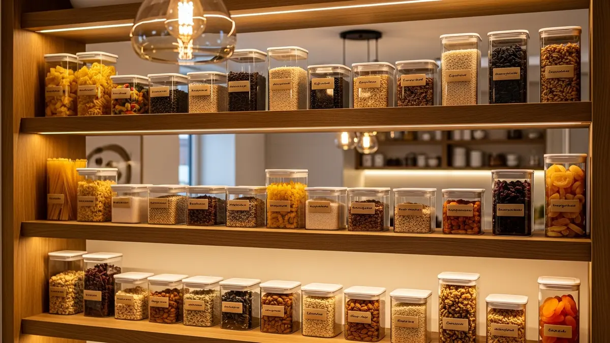 Styled kitchen pantry shelves with glass food storage containers filled with grains pasta and dried fruits