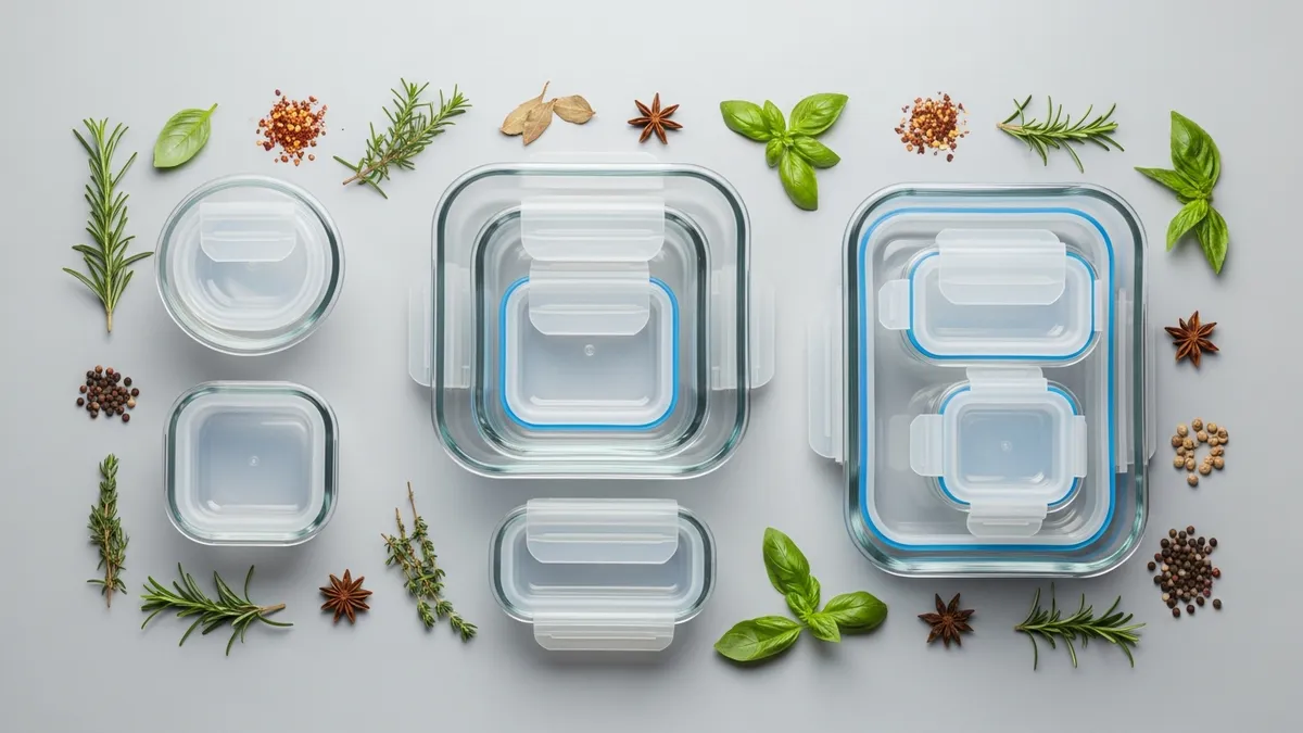 Different types of glass food storage containers including rectangular round and square shapes with various lid styles