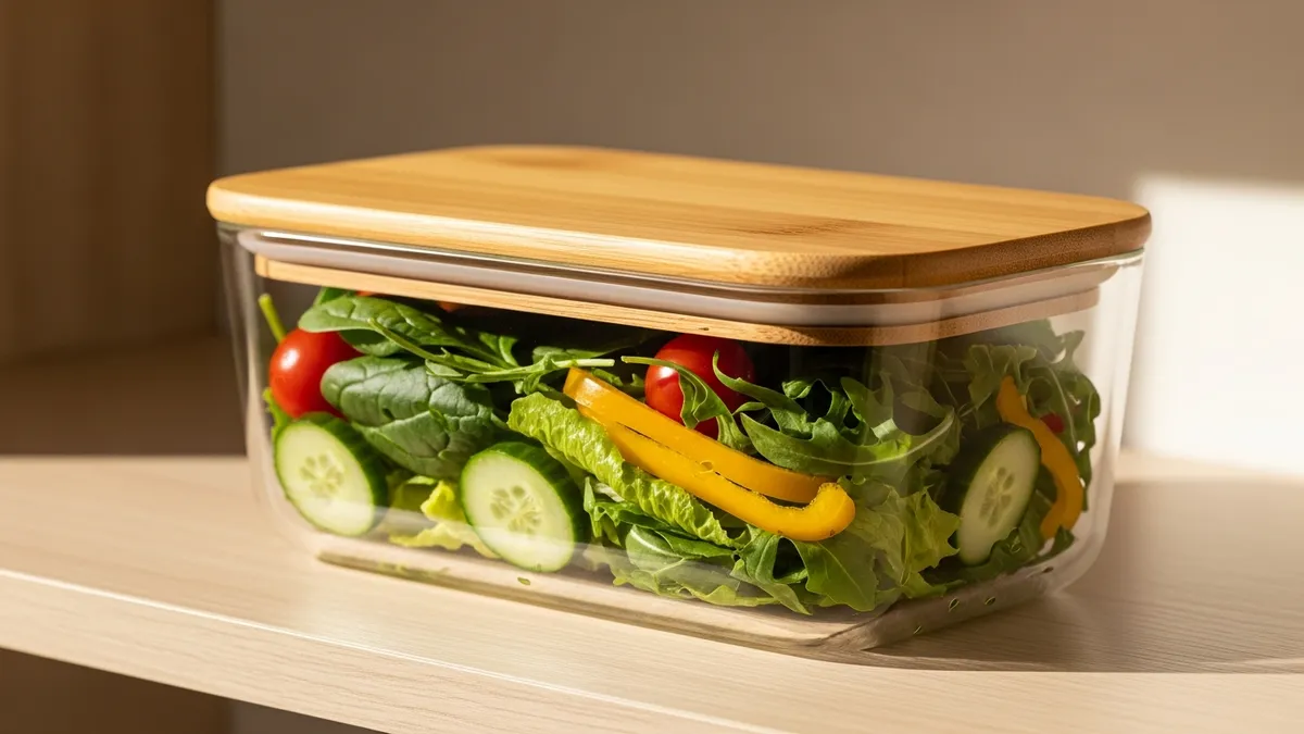 Clear borosilicate glass food storage container with bamboo lid filled with fresh salad greens