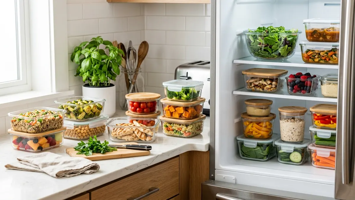 Glass containers for food storage organized on a kitchen countertop and refrigerator shelf with colorful meal prep foods