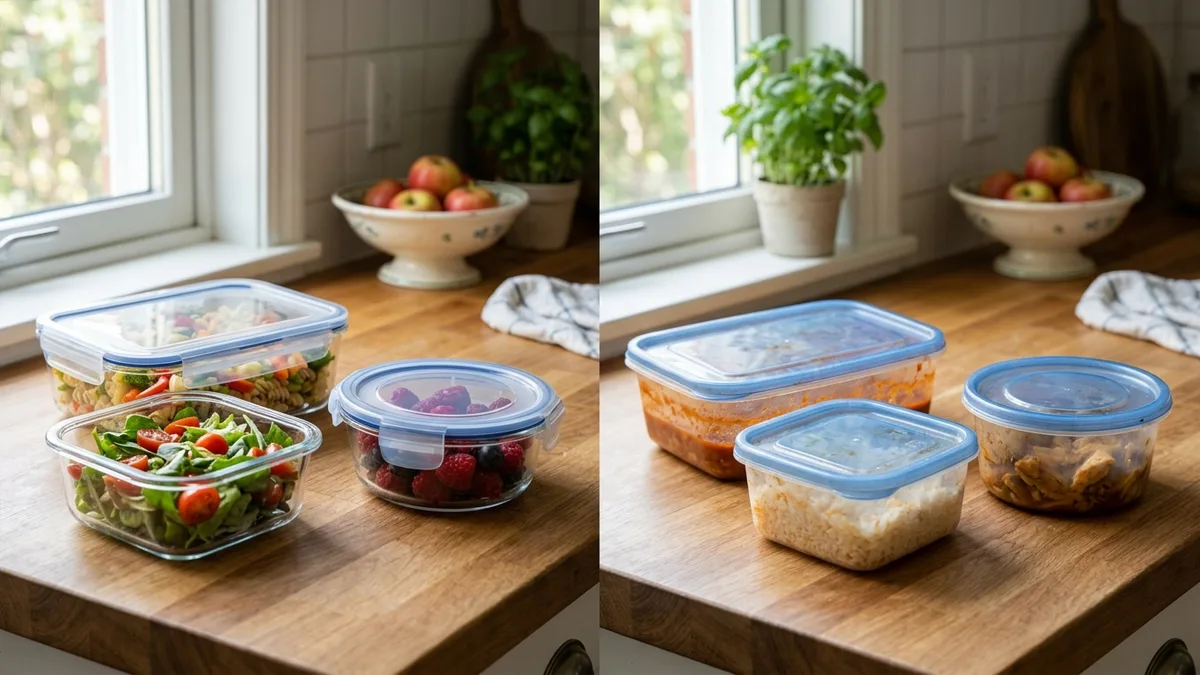 Side by side comparison of glass food storage containers versus plastic containers on a kitchen counter