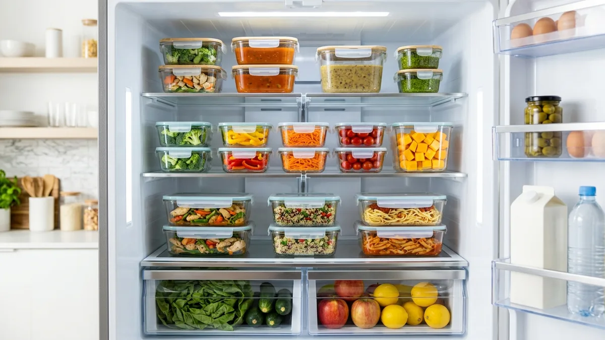 Organized refrigerator interior with glass food storage containers stacked on shelves containing meal prep and leftovers
