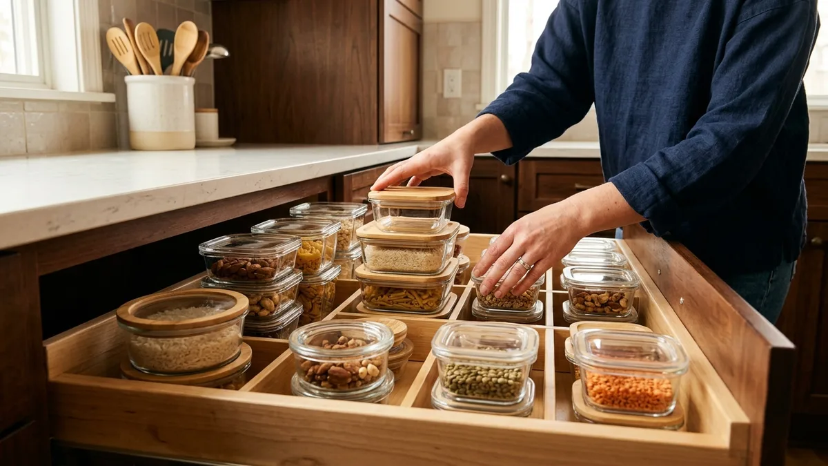 Person organizing and stacking glass food storage containers with lids in a kitchen cabinet drawer