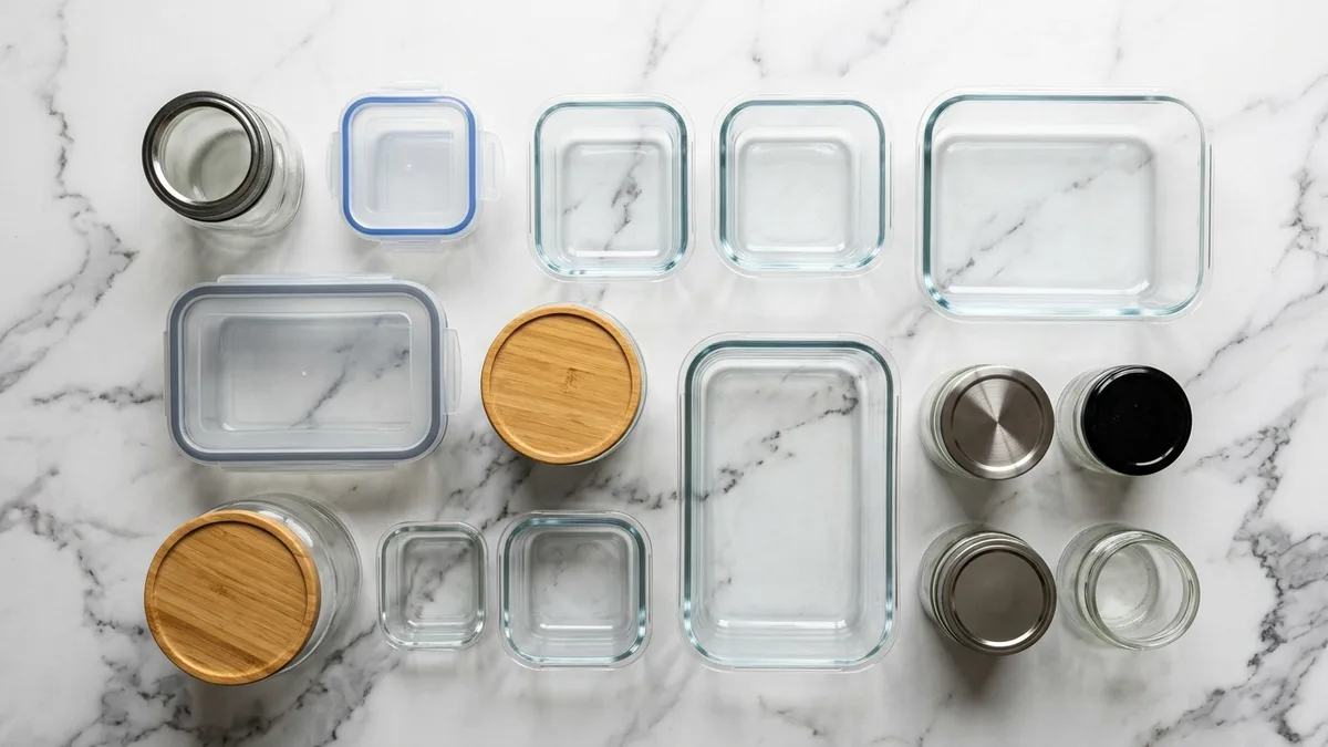 Different types and sizes of glass food storage containers with various lid styles laid out on a marble kitchen surface