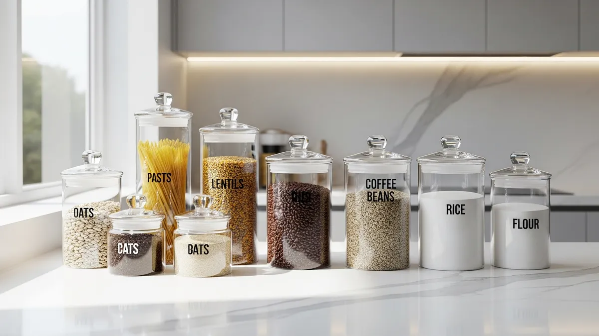 Glass containers with glass lids for food storage organized on kitchen counter
