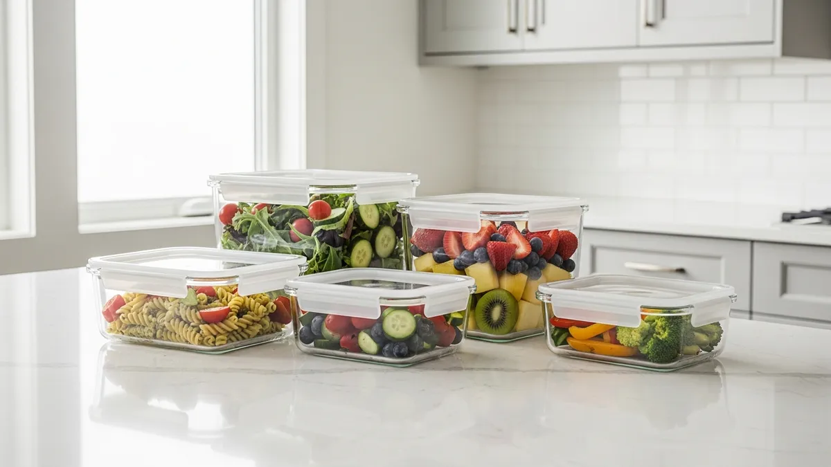 Glass food storage containers with glass lids displaying fresh foods on modern kitchen counter