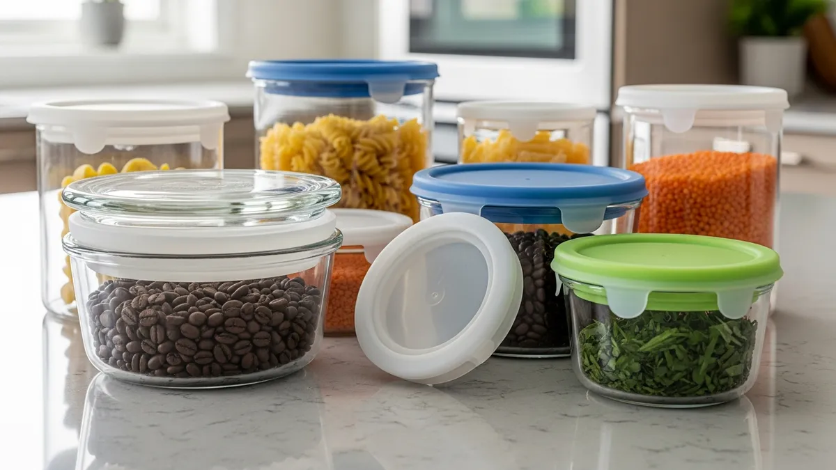 Glass food storage containers lids in various styles and materials on kitchen counter