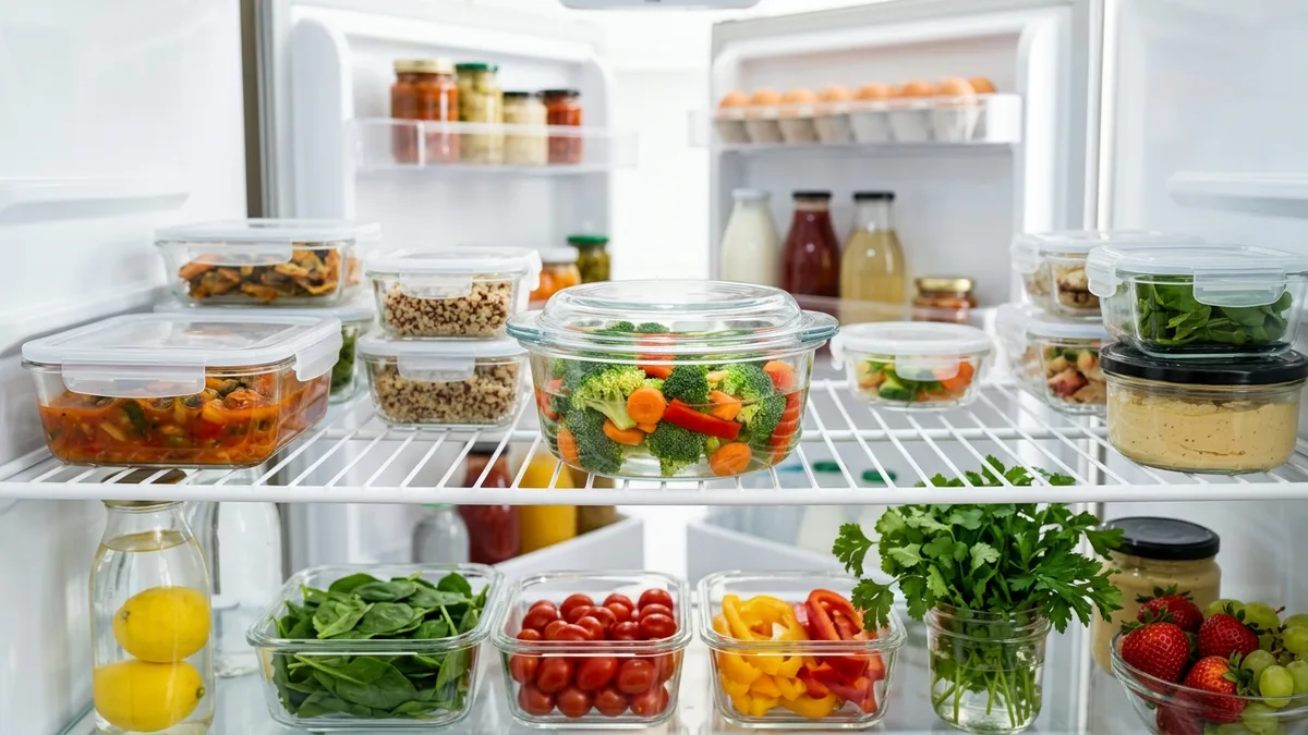 Glass food storage containers with glass lids organized inside a refrigerator