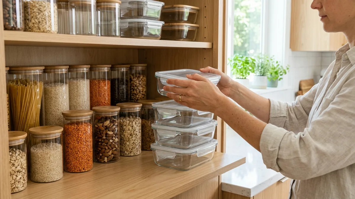 Stacking glass food storage containers with glass lids inside a kitchen cabinet
