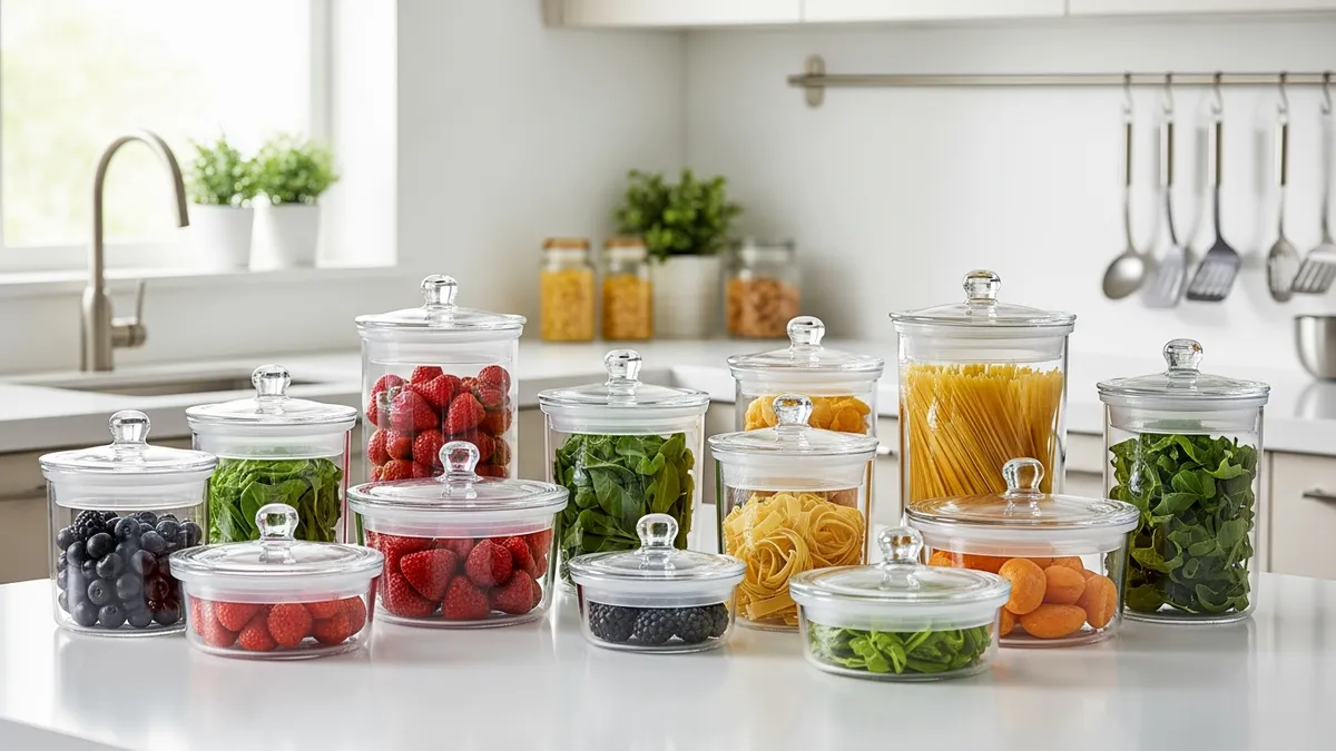Premium glass food storage containers with glass lids arranged on modern kitchen counter