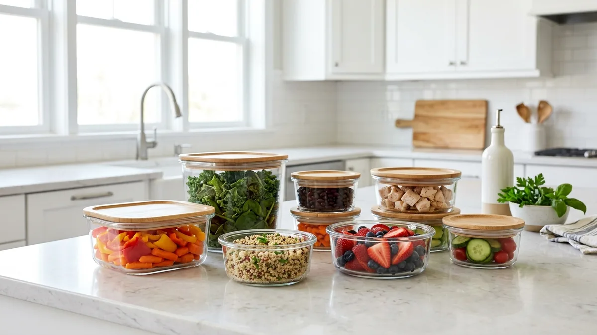 Set of glass food storage containers with lids arranged on a bright kitchen countertop filled with fresh meal prep food