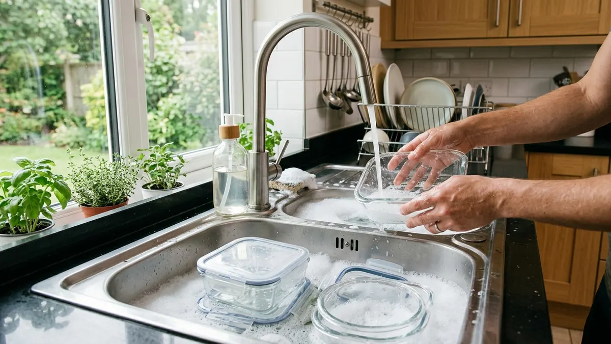 Glass food storage containers with lids being hand washed in a stainless steel kitchen sink