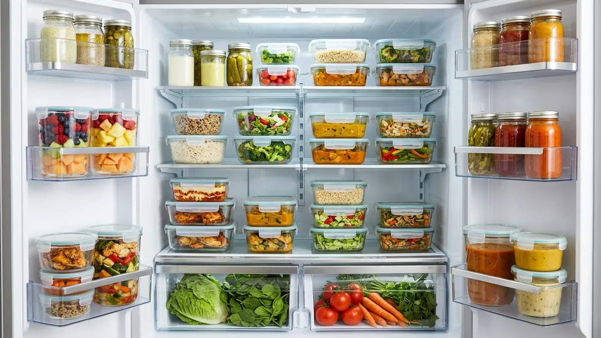 Organized refrigerator stacked with glass food storage containers with lids holding meal prep leftovers and fresh produce