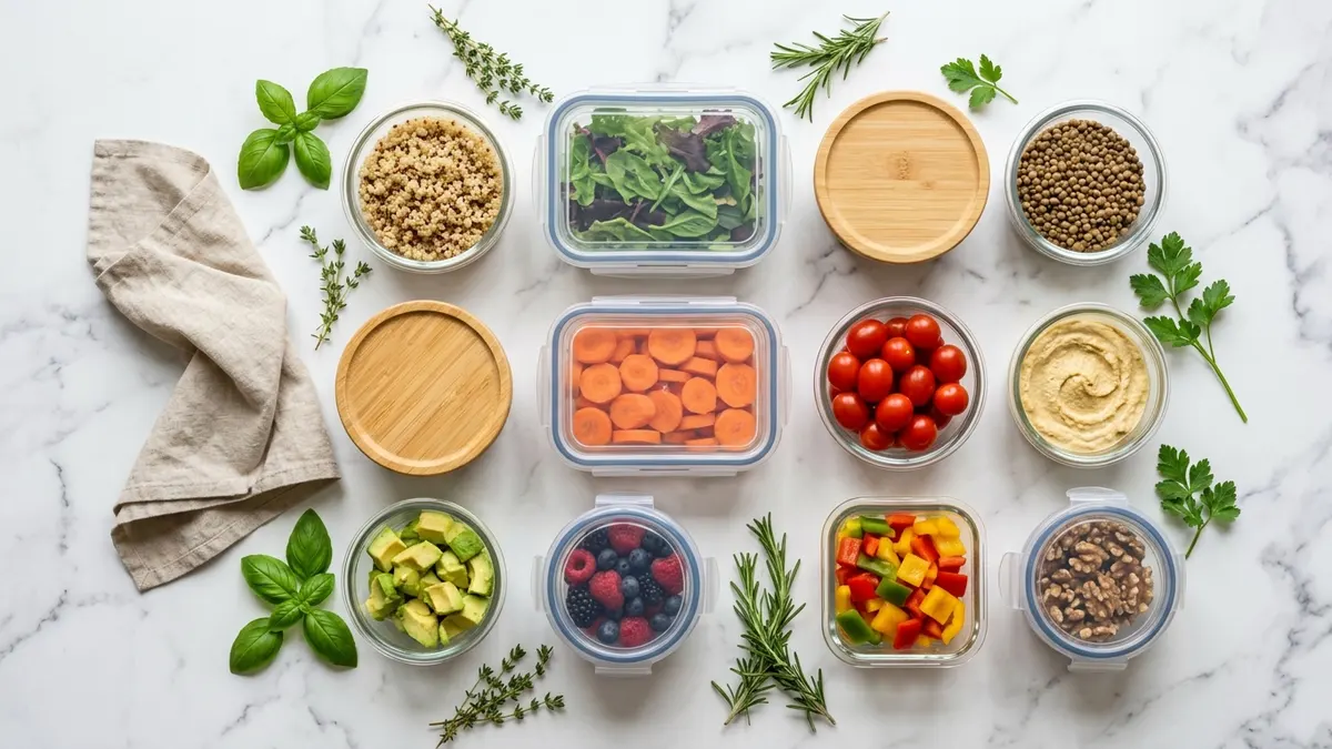 Different types of glass food storage containers with lids including rectangular, round and square shapes on a white marble surface
