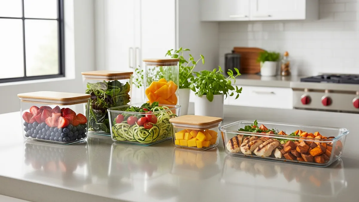 Glass food storage containers with lid organized on modern kitchen counter