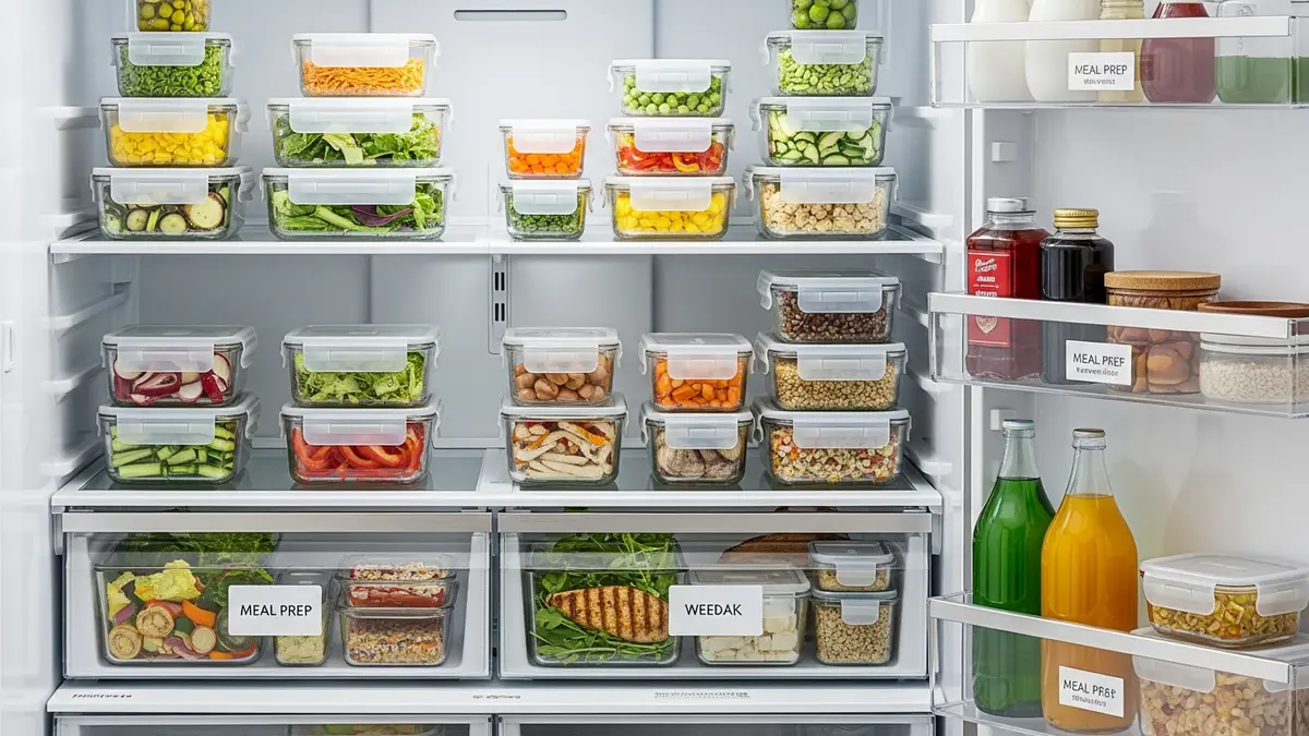 Organized refrigerator interior showcasing glass lid food storage containers with meal prep ingredients