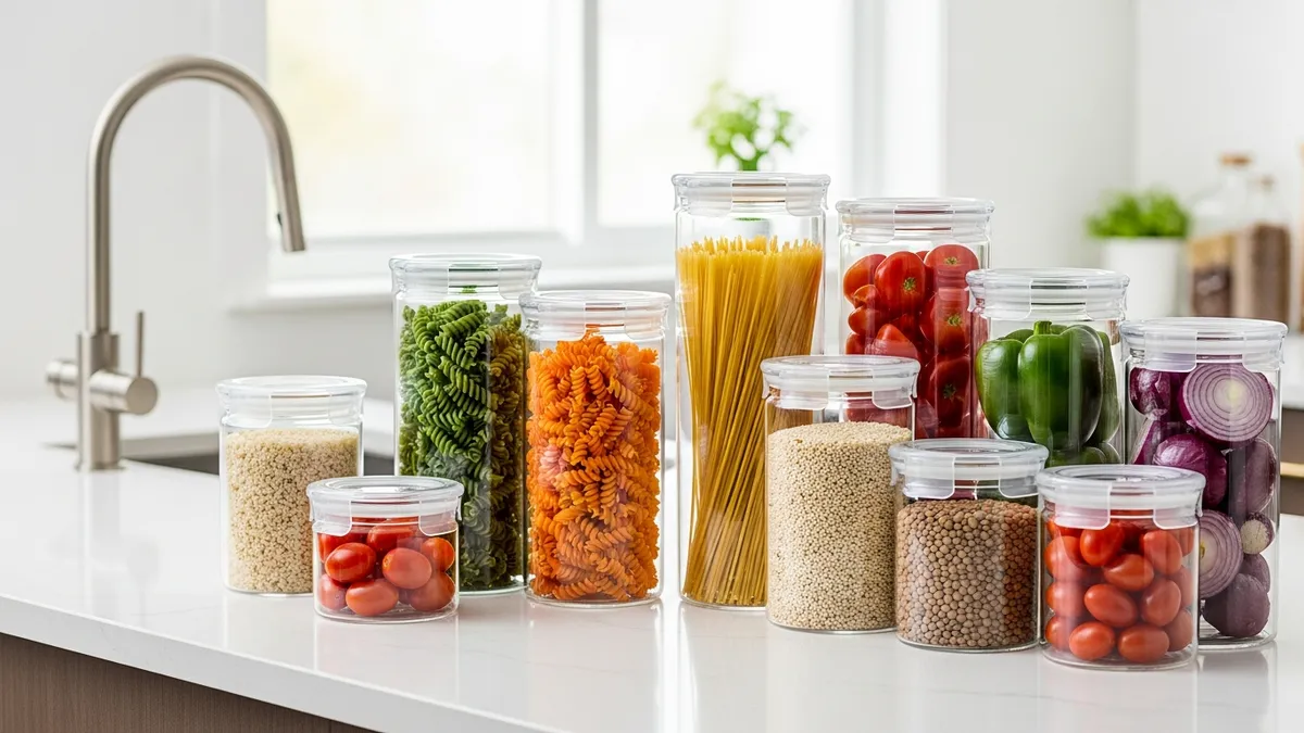 Glass storage containers for food with lids arranged on kitchen counter with fresh ingredients