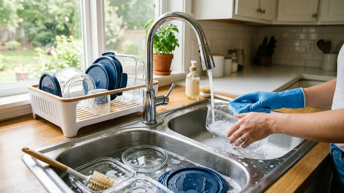 Glass storage food containers with lids being cleaned in kitchen sink showing easy maintenance and care