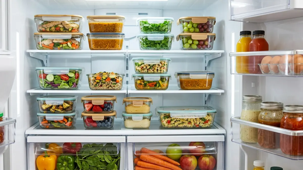 Organized refrigerator with glass food storage containers with lids stacked on shelves containing fresh meals and leftovers