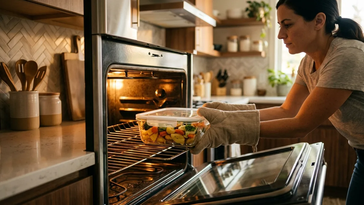 Oven-safe glass food storage container with lid being placed in a home oven for reheating food