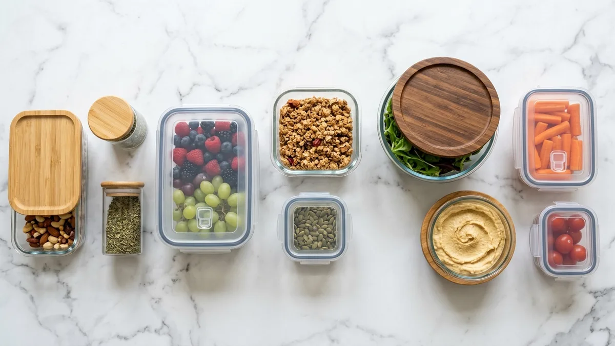 Different types of glass storage food containers with lids including rectangular, round, and square shapes on marble surface