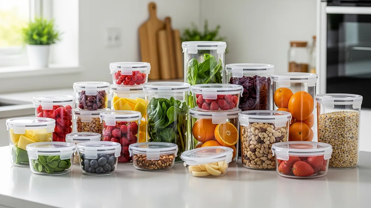 Glass storage food containers with lids arranged on kitchen counter showcasing different sizes and food storage options