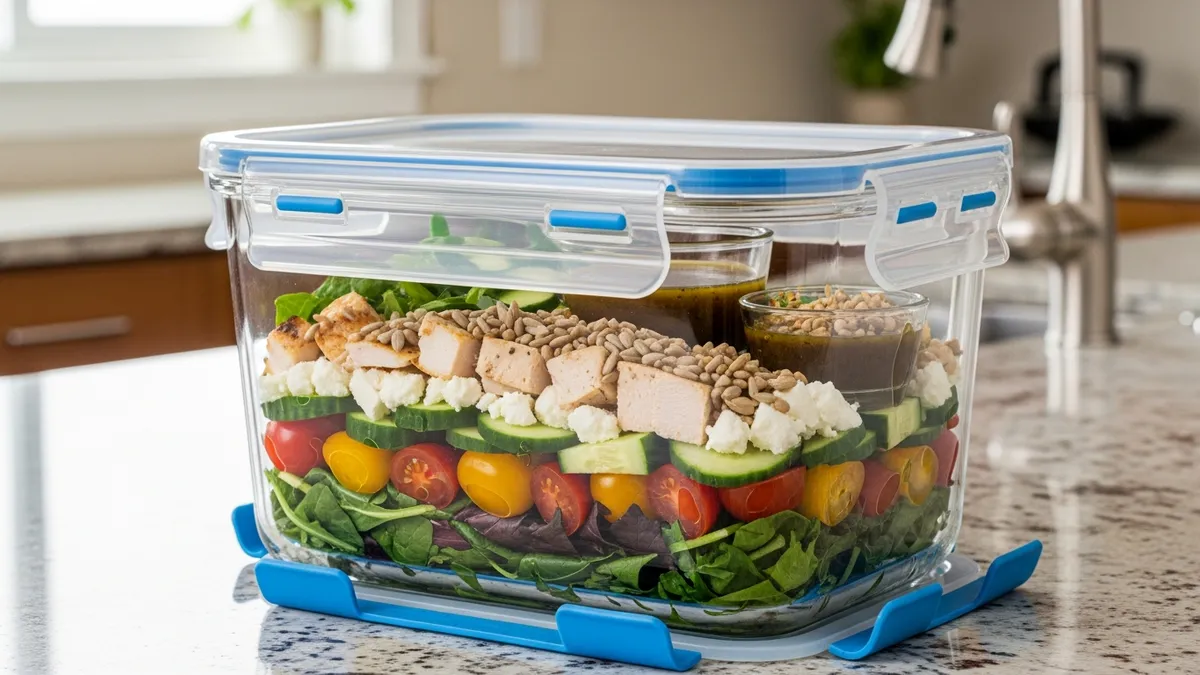 Clear glass food storage container with airtight locking system preserving fresh salad
