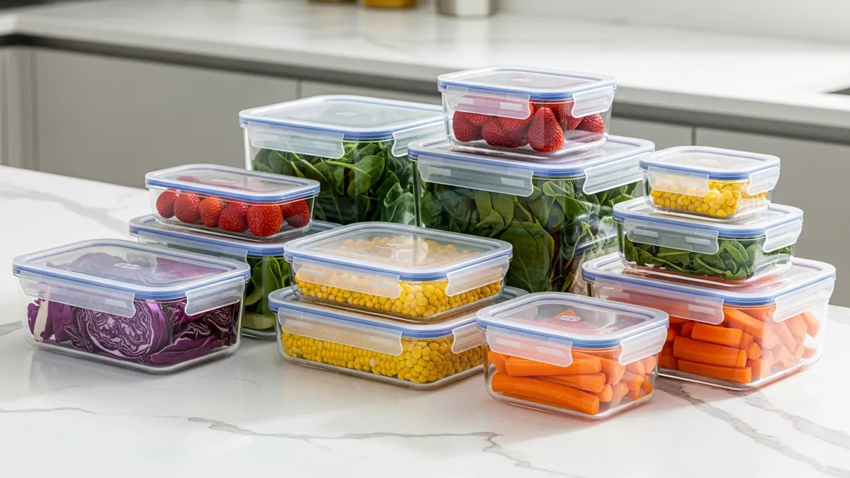 Glasslock food storage containers with airtight lids organized on kitchen counter with fresh food
