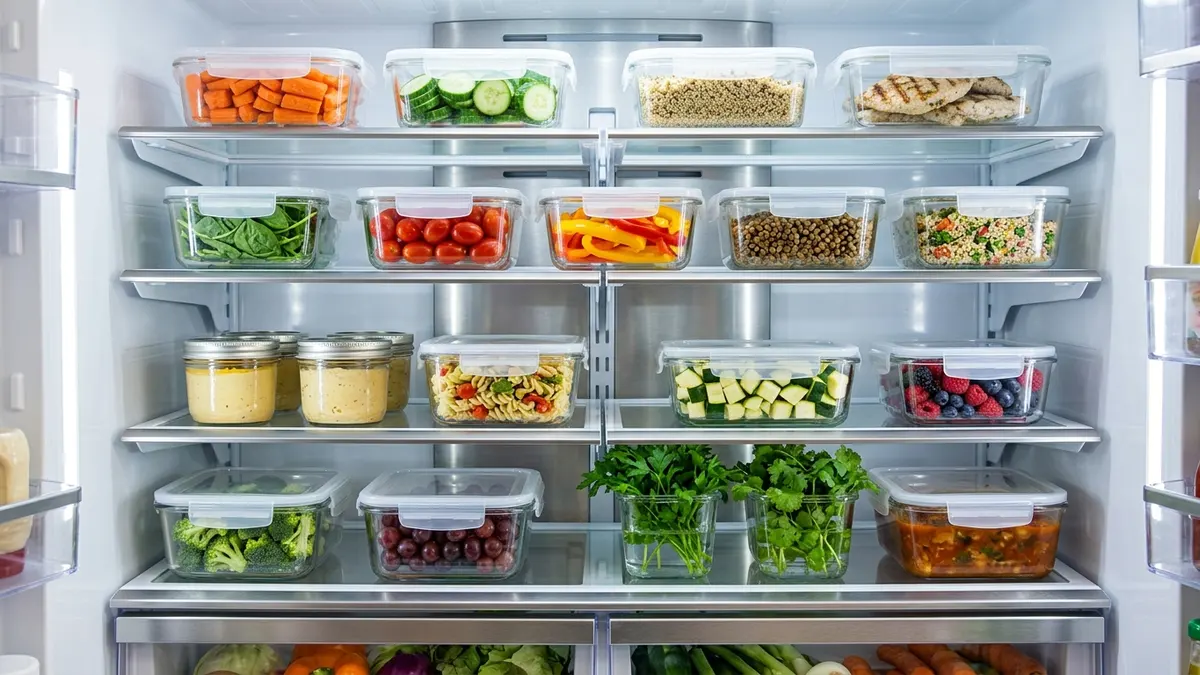 Organized refrigerator shelves with Glasslock glass food storage containers stacked neatly inside
