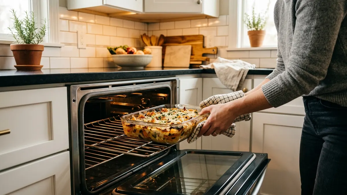 Oven-safe Glasslock glass container being placed in a kitchen oven for reheating food