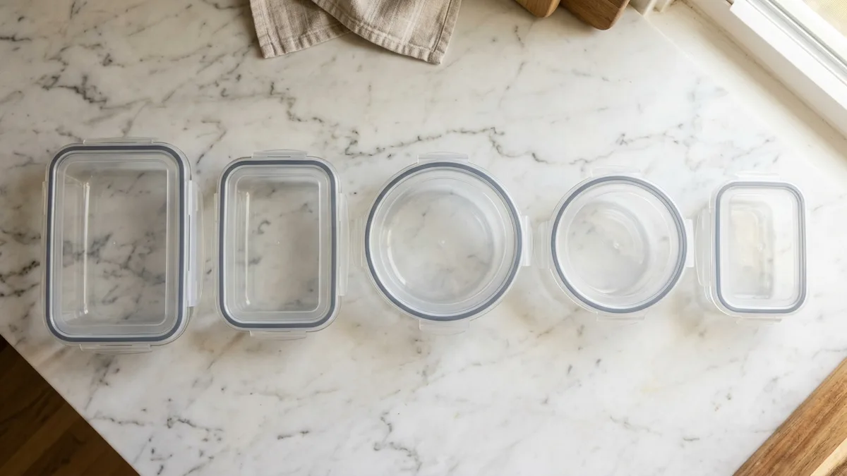 Various sizes of Glasslock glass food storage containers with snap-lock lids on a marble countertop