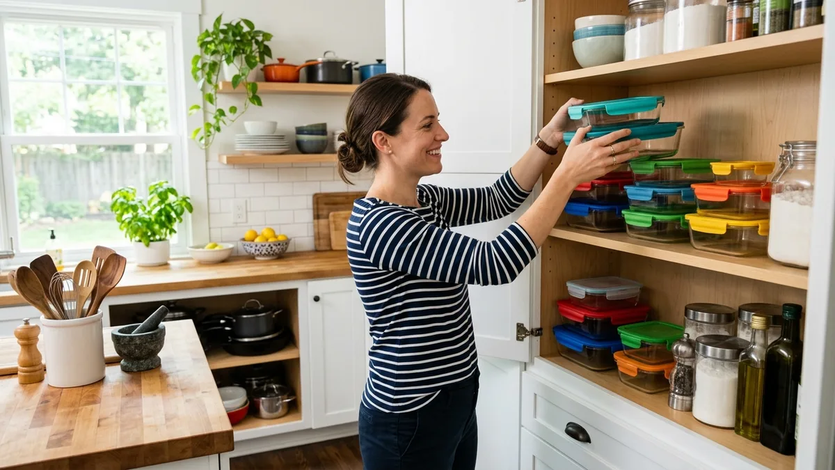 Home cook organizing Glasslock food storage containers on a kitchen cabinet shelf