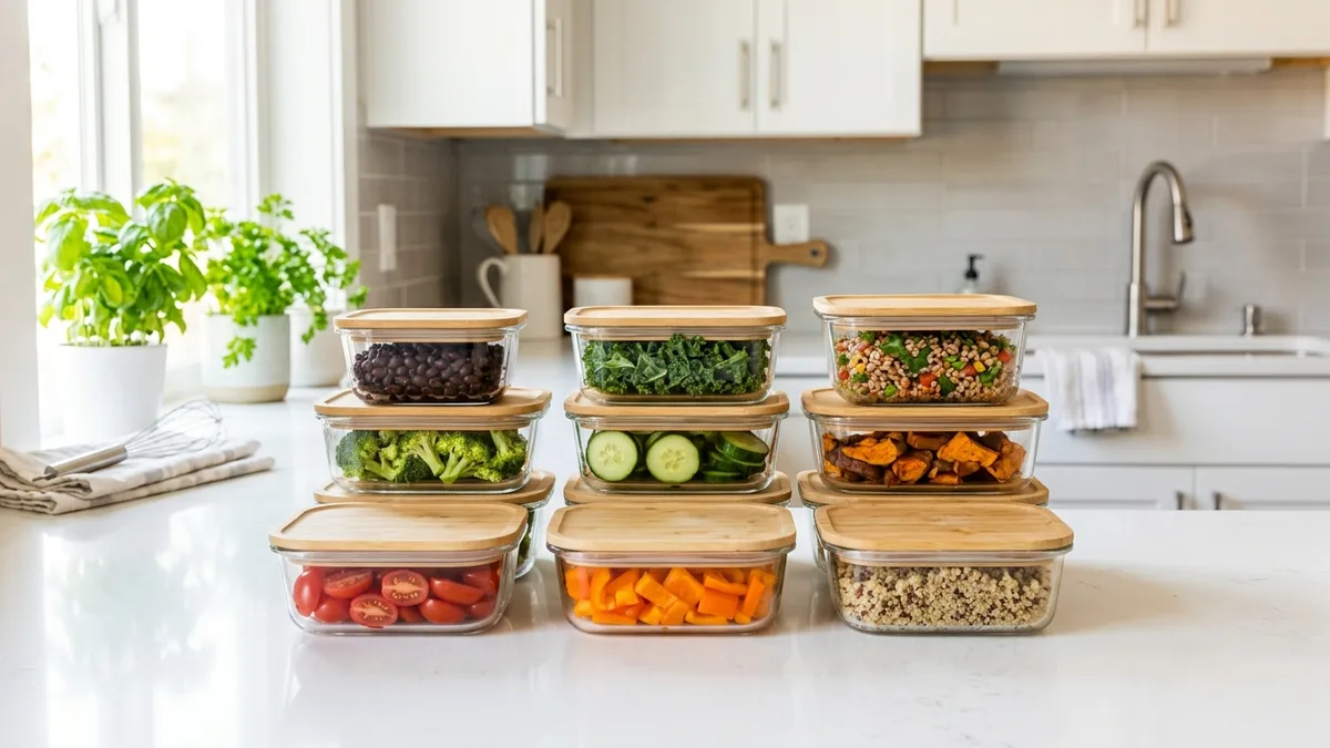 Glassware food storage containers of various sizes neatly organized on a bright modern kitchen countertop