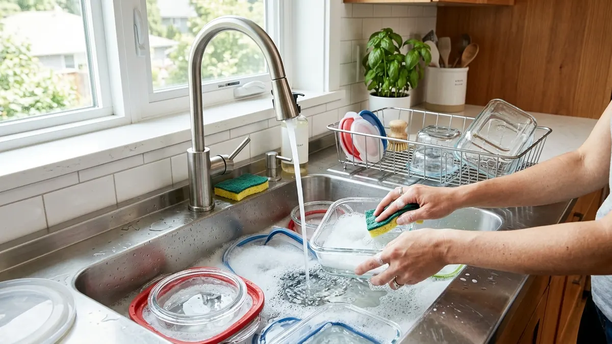 Glassware food storage containers being carefully washed and maintained in a clean American kitchen sink