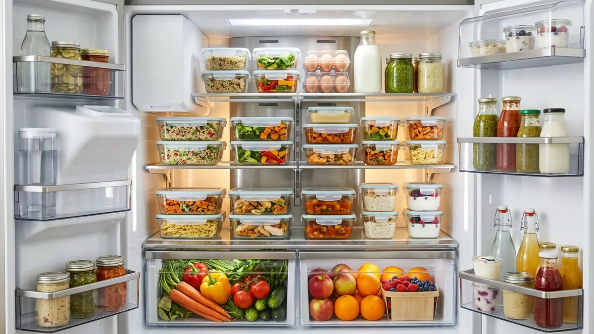 Well-organized refrigerator stacked with glassware food storage containers holding meal prepped food and leftovers