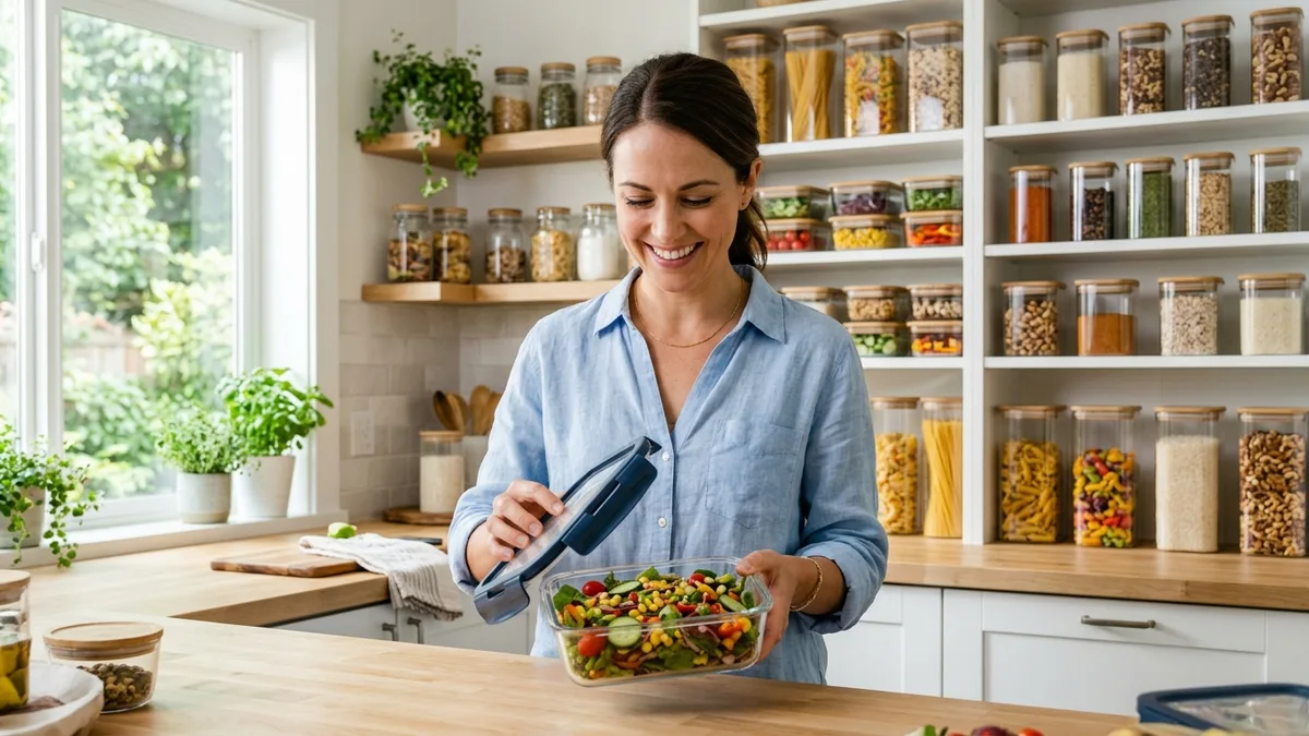 Woman opening a glassware food storage container filled with fresh salad in a bright organized kitchen