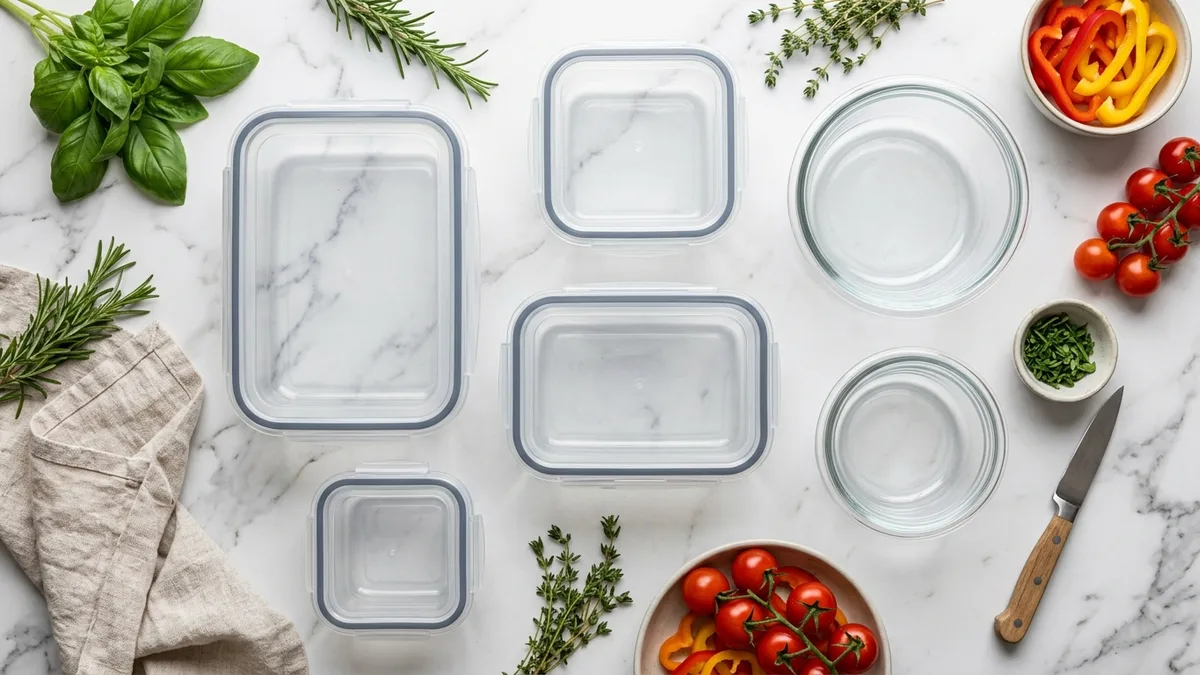Different types of glassware food storage containers with various lid styles on a white marble surface