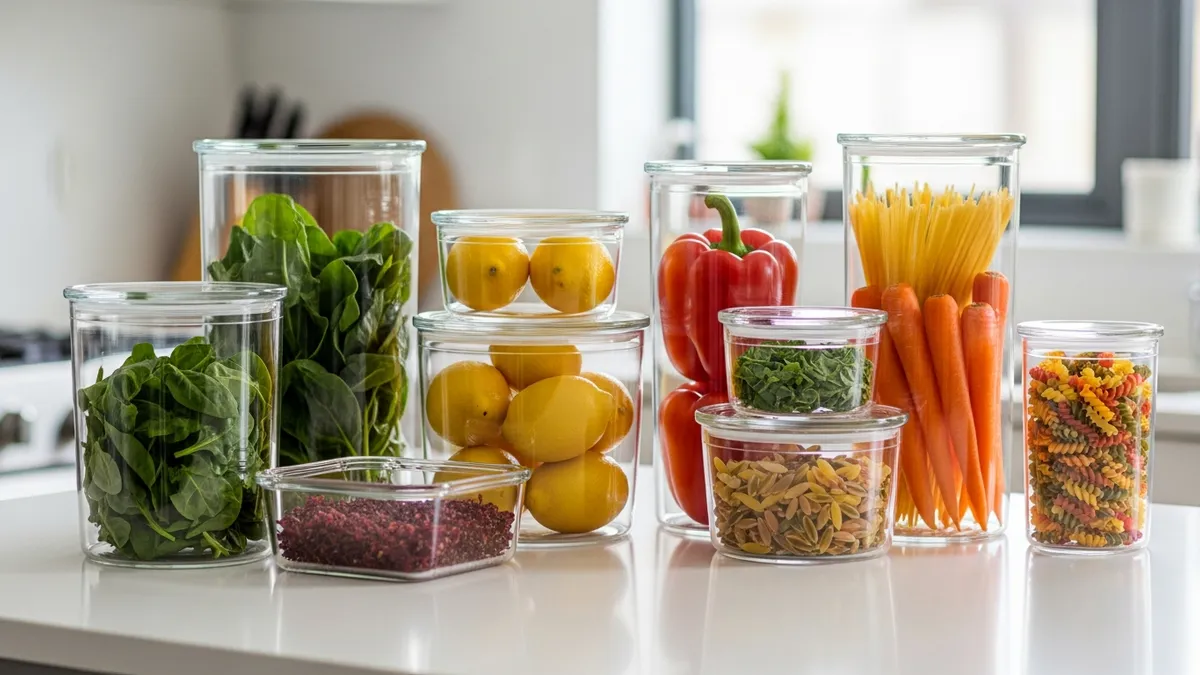Collection of glassware food storage containers with fresh ingredients on modern kitchen counter