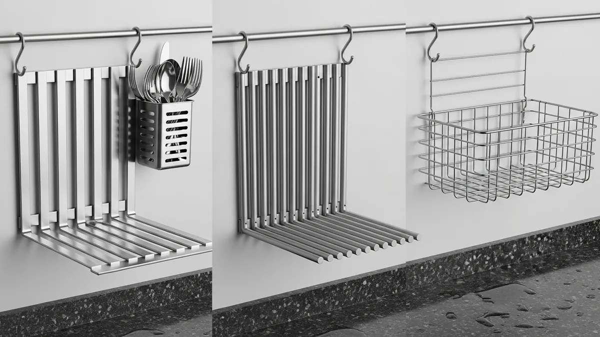 Different types of hanging dish racks showing material variations